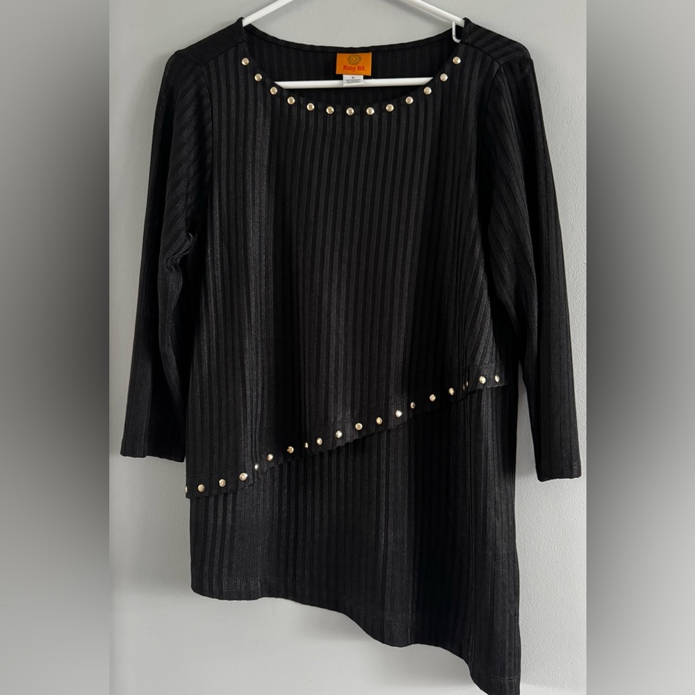 Ruby Rd. Small Black Studded Asymmetrical Tunic Top Stretch NWOT